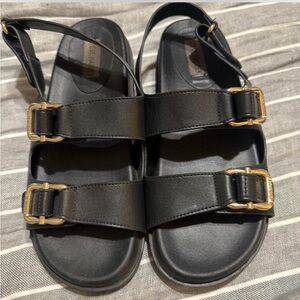 Steve Madden Black Leather Sandals with Gold Buckles